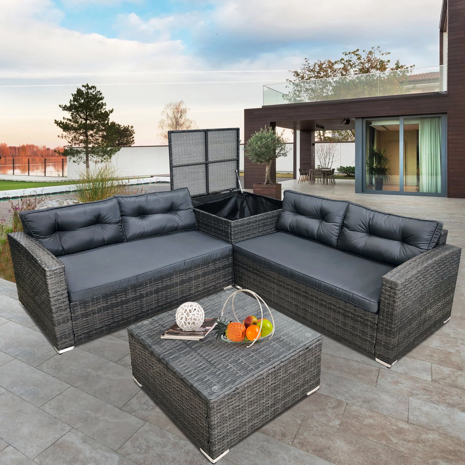 Rattan Wicker Patio Furniture, 4 Piece Outdoor Conversation Set With Storage  Ottoman, All Weather Sectional Sofa Set With Gray Cushions And Table For  Backyard, Porch, Garden, Poolside,l4537 – Walmart For Storage Table For Backyard, Garden, Porch (View 10 of 15)