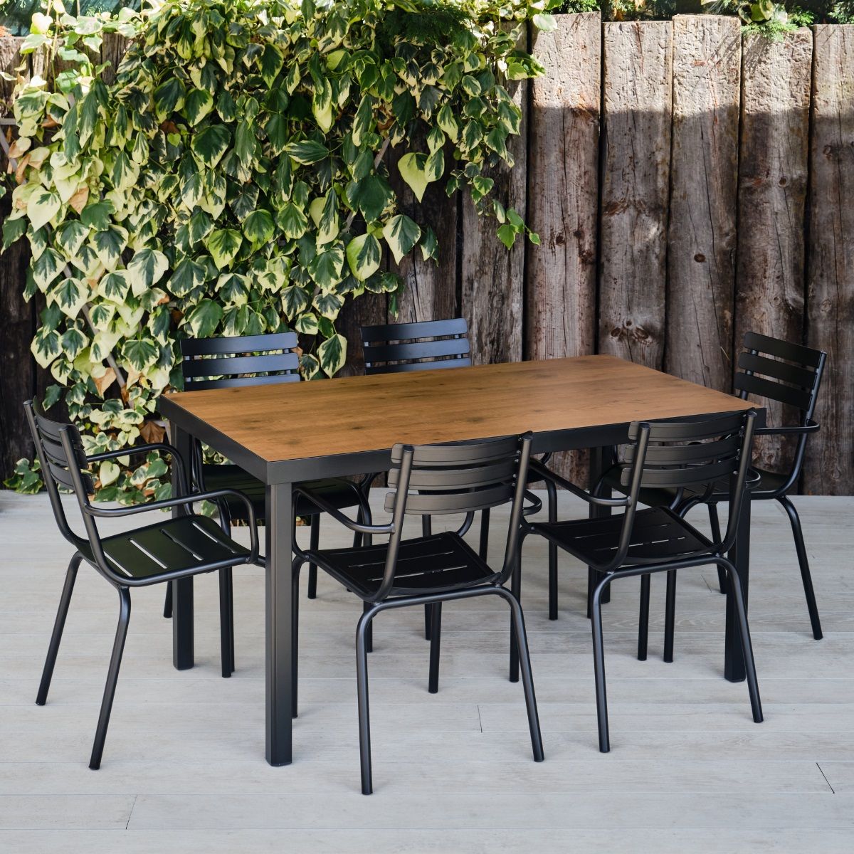 Rectangular Black Metal & Wood Effect Table & 6 Chairs Set – Camden Range –  Woodberry In Outdoor Furniture Metal Rectangular Tables (Photo 1 of 15)