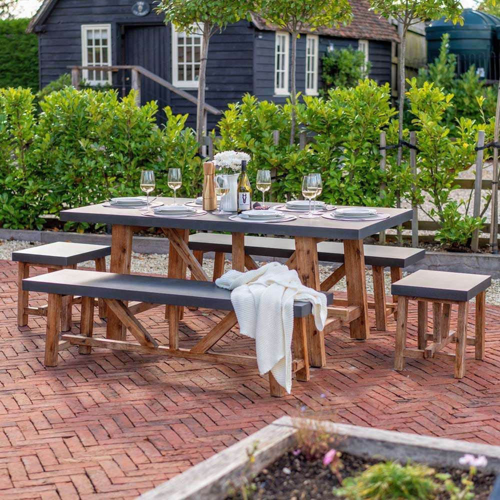 Rustic Cement & Acacia Wood 6 Seater Dining Set With Benchesprimrose  Living Throughout Outdoor Terrace Bench Wood Furniture Set (Photo 10 of 15)