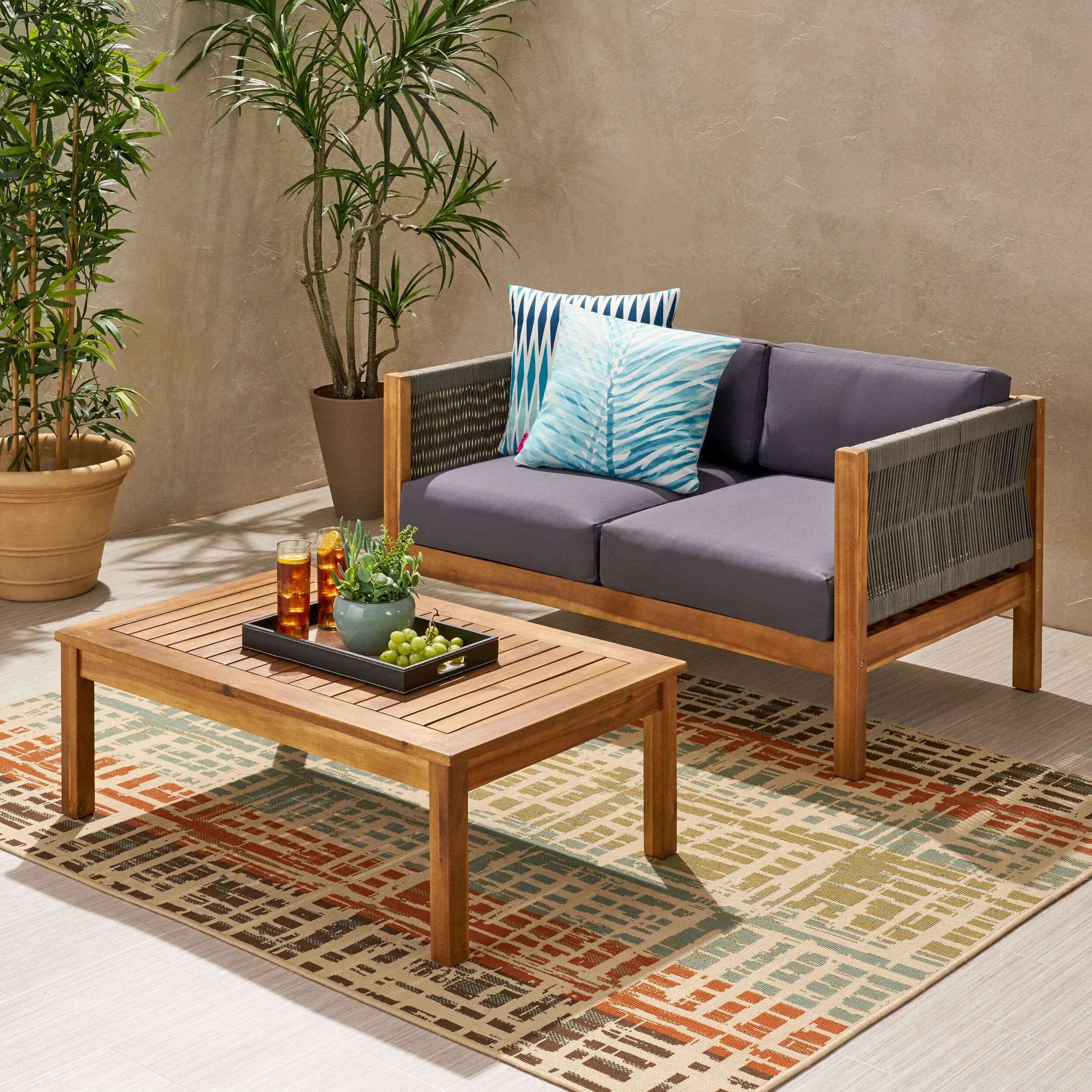 Sand & Stable Tegann 2 – Person Outdoor Seating Group With Cushions &  Reviews | Wayfair For Outdoor Couch Cushions, Throw Pillows And Slat Coffee Table (View 7 of 15)