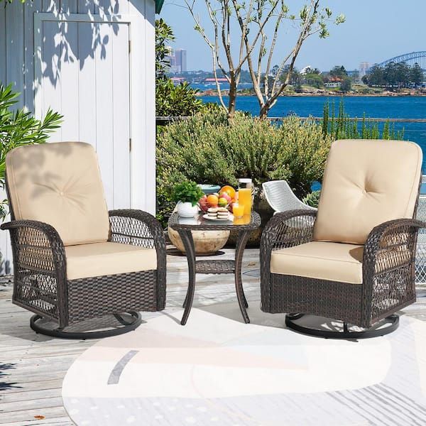 Sizzim 3 Piece Brown Wicker Outdoor Rocking Chair Set Outdoor Swivel Chairs  With Beige Cushions Sm G12036bg – The Home Depot For 3 Pieces Outdoor Patio Swivel Rocker Set (View 4 of 15)