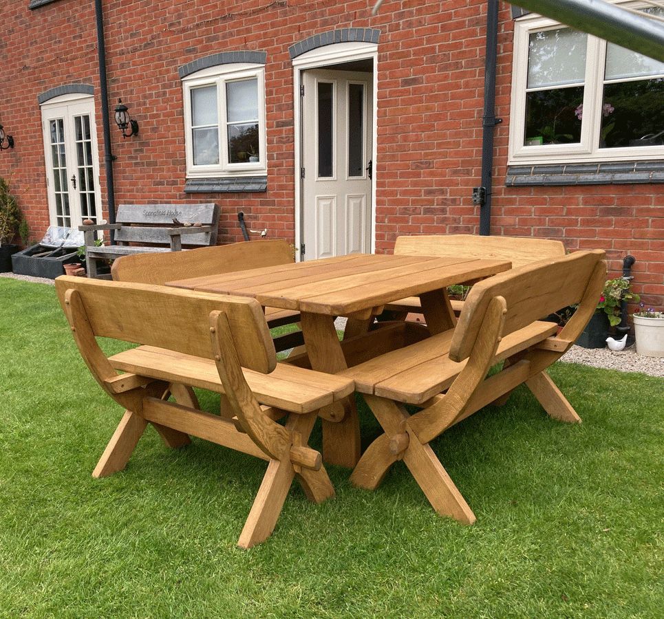 Solid Oak Table Set For Garden, Patio. Comes With Four Oak Benches. Within Oaks Table Set With Patio Cover (Photo 10 of 15)