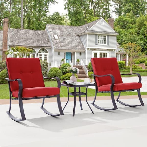 Sonkuki 3 Piece Metal Frame Outdoor Bistro Set 2 Rocking Chairs With Red  Cushions And Tempered Glass Side Table Rosy Ro 01r – The Home Depot Throughout Side Table Iron Frame Patio Furniture Set (View 6 of 15)