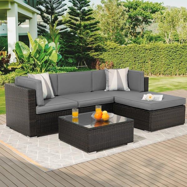 Sonkuki 5 Piece Brown Rattan Wicker Outdoor Patio Sectional Sofa Set With  Thick Gray Cushions And Tempered Glass Table R Kfsf 005gy – The Home Depot Inside Outdoor Rattan Sectional Sofas With Coffee Table (Photo 10 of 15)
