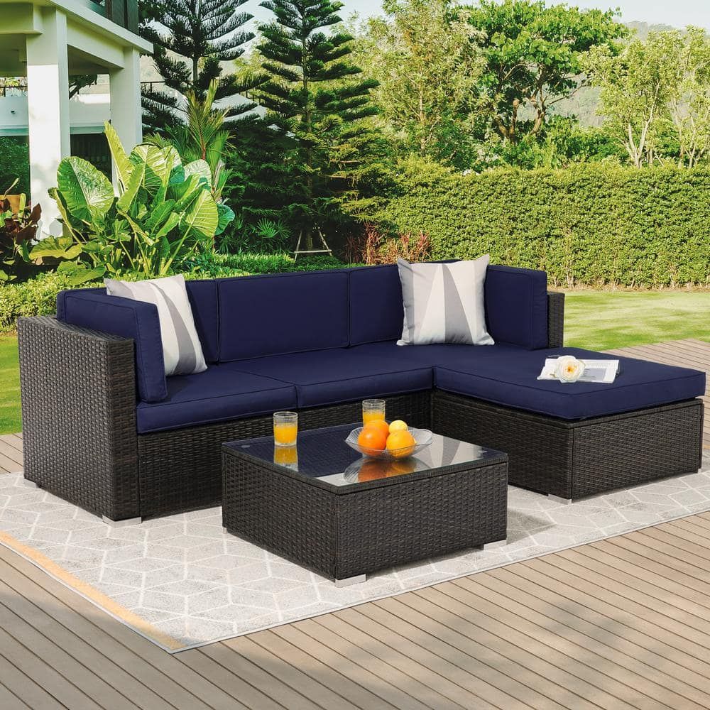 Sonkuki 5 Piece Brown Rattan Wicker Outdoor Patio Sectional Sofa Set With  Thick Navy Blue Cushions And Tempered Glass Table R Kfsf 005ny – The Home  Depot Regarding Outdoor Rattan Sectional Sofas With Coffee Table (Photo 2 of 15)