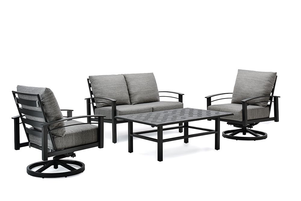 Stanford Cushion 4 Piece Seating Set (2 Swivel Rocker Lounge Chairs,  Loveseat, Merge Coffee Table) With Regard To Cushioned Chair Loveseat Tables (Photo 12 of 15)