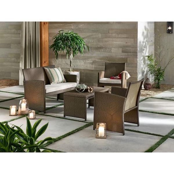 Stylewell Park Trail Brown 4 Piece Wicker Patio Conversation Set With Light  Brown Cushions 16121601 – The Home Depot Throughout 4 Piece Outdoor Wicker Seating Set In Brown (Photo 2 of 15)