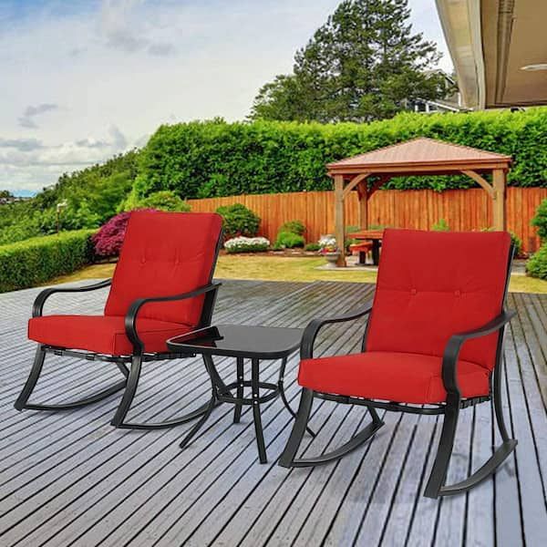 Suncrown 3 Piece Metal Outdoor Bistro Set Rocking Chairs With Red Cushions  Hd F01b033 – The Home Depot Inside 3 Piece Cushion Rocking Chair Set (View 8 of 15)