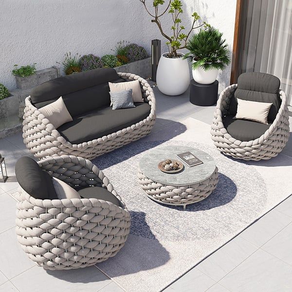 Tatta 4 Pieces Textilene Rope Woven Outdoor Sectional Sofa Set With Round Coffee  Table Homary Inside Outdoor Rattan Sectional Sofas With Coffee Table (View 12 of 15)