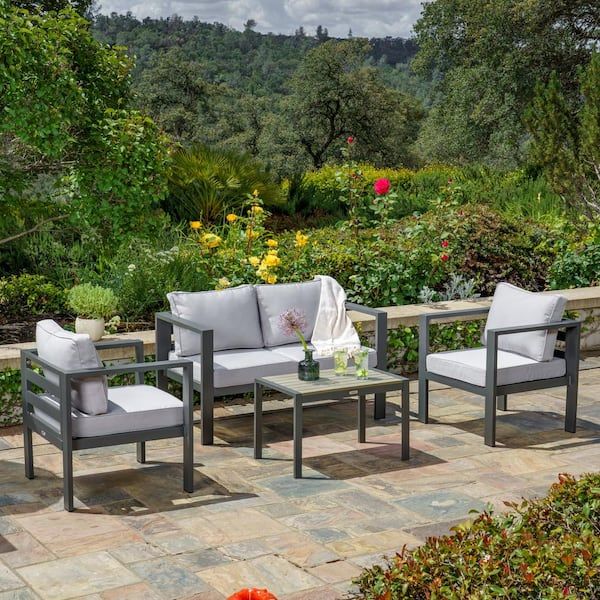 Tortuga Outdoor Lakeview 4 Piece Outdoor Conversation Set With Loveseat,  Coffee Table And Gray Cushions (modern Furniture Bundle) Sky 4pc Conv Gr –  The Home Depot With Loveseat Chairs For Backyard (Photo 5 of 15)