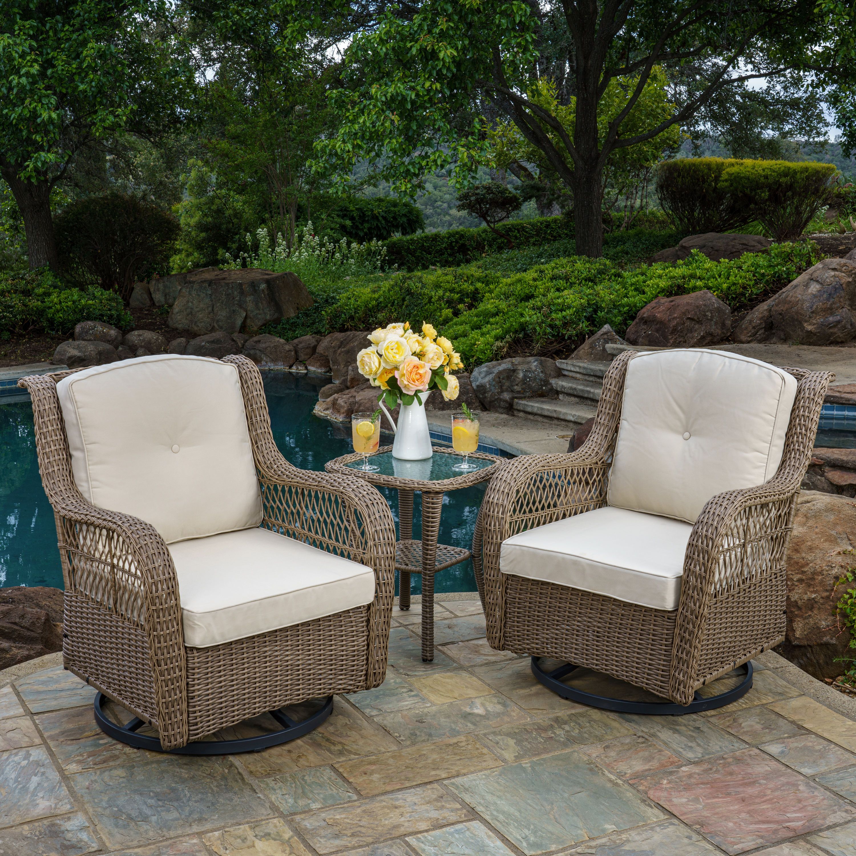 Tortuga Outdoor Rio Vista 3 Piece Wicker Patio Conversation Set With Tan  Cushions In The Patio Conversation Sets Department At Lowes Throughout Outdoor Wicker 3 Piece Set (Photo 5 of 15)