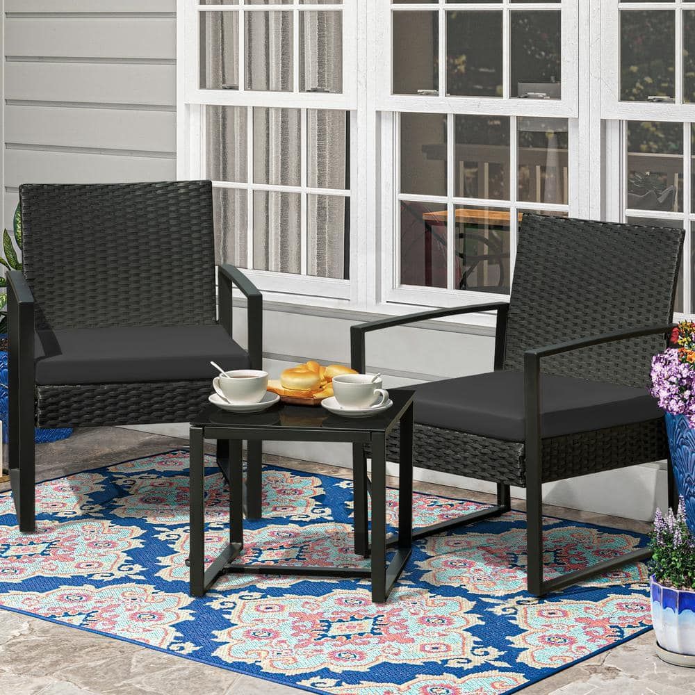 Tozey Black 3 Piece Patio Sets Steel Outdoor Wicker Patio Furniture Sets  Outdoor Bistro Set With Black Cushion T Lcrc813s0 – The Home Depot Intended For Patio Furniture Wicker Outdoor Bistro Set (Photo 2 of 15)