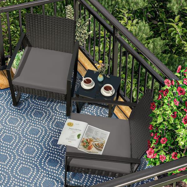 Tozey Black 3 Piece Patio Sets Steel Outdoor Wicker Patio Furniture Sets  Outdoor Bistro Set With Gray Cushion T Lcrc813s40 – The Home Depot Intended For Balcony And Deck With Soft Cushions (Photo 12 of 15)