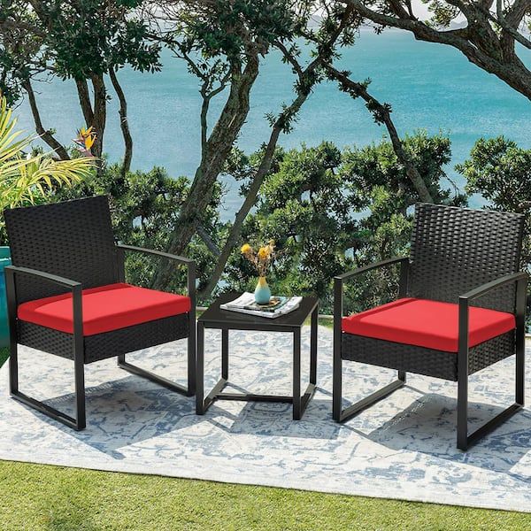 Tozey Black 3 Piece Patio Sets Steel Outdoor Wicker Patio Furniture Sets  Outdoor Bistro Set With Red Cushion T Lcrc813s10 – The Home Depot With Outdoor Wicker 3 Piece Set (Photo 6 of 15)