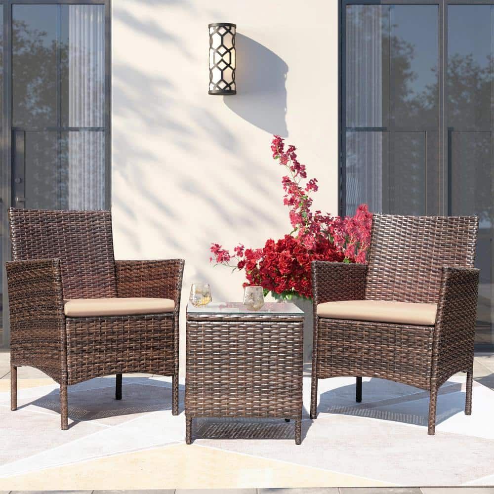 Tozey Brown 3 Pieces Patio Furniture Pe Rattan Outdoor Conversation Set  W/table Backyard Garden Set With Beige Cushion T Lcrf700a – The Home Depot For Balcony Furniture Set With Beige Cushions (Photo 4 of 15)