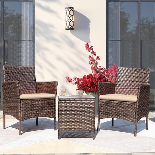 Tozey Brown 3 Pieces Patio Furniture Pe Rattan Outdoor Conversation Set  W/table Backyard Garden Set With Beige Cushion T Lcrf700a – The Home Depot Within Patio Rattan Wicker Furniture (View 15 of 15)