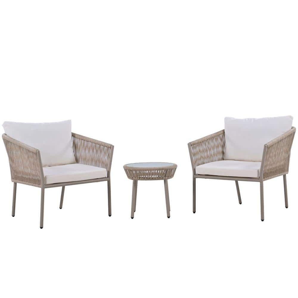 Tunearary 3 Piece Plastic Beige Woven Rope Chair Set Patio Outdoor Bistro Conversation  Set With White Cushions T711hzp5ab – The Home Depot Inside Woven Rope Outdoor 3 Piece Conversation Set (Photo 7 of 15)