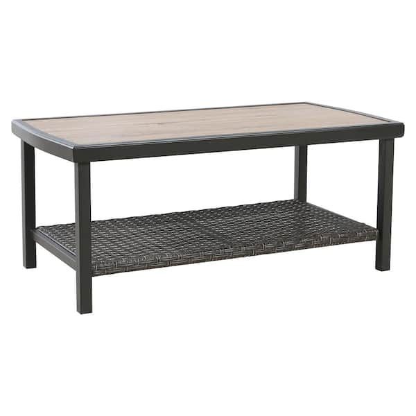 Ulax Furniture Rectangle Metal Wicker Outdoor Coffee Table With 2 Tier  Storage Shelf Hd 970282 – The Home Depot For Outdoor 2 Tiers Storage Metal Coffee Tables (Photo 2 of 15)