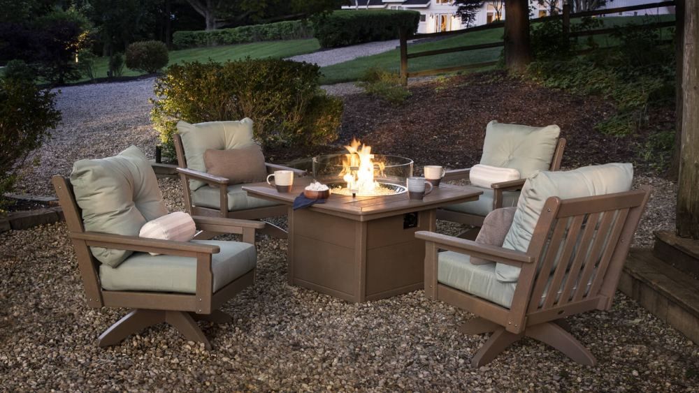Vineyard 5 Piece Deep Seating Swivel Conversation Set With Fire Pit Table –  Seats 4 Pws499 2polywood Regarding 5 Piece Patio Conversation Set (View 7 of 15)