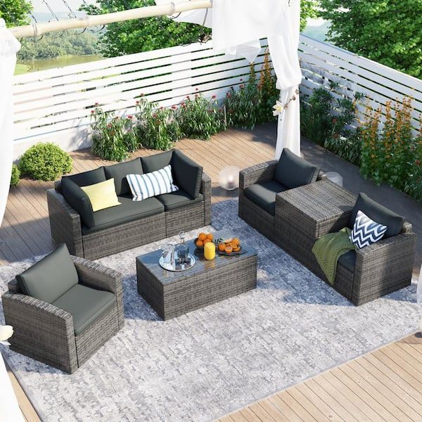 Waelph Brown 7 Piece Wicker Outdoor Patio Sectional Set With Gray Cushions,  Chairs A Loveseat, Table And Storage Box Gz Wy000216eaa – The Home Depot Intended For Cushioned Chair Loveseat Tables (View 5 of 15)