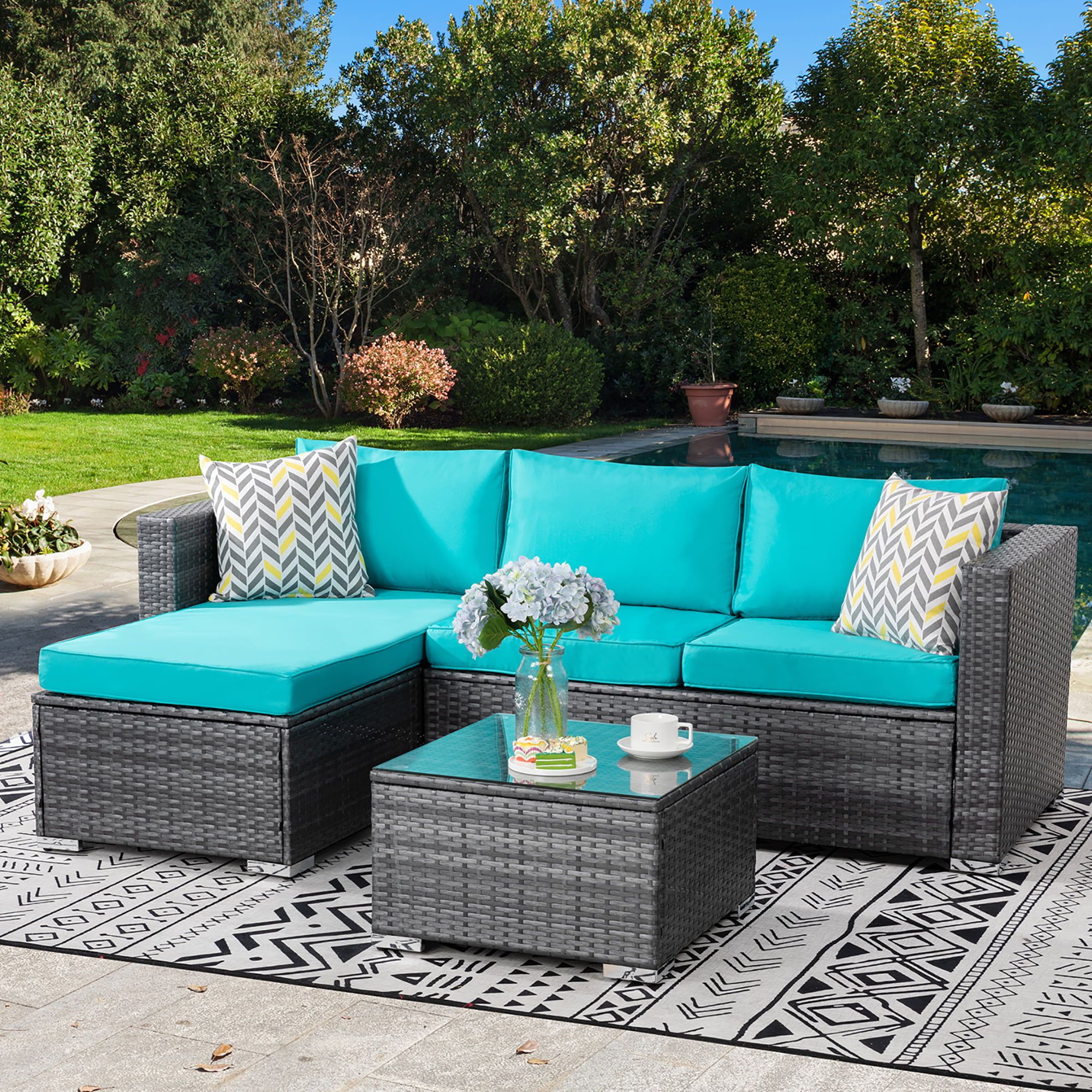 Walsunny 3 Piece Blue Outdoor Furniture Sectional Sofa Patio Set With  Silver Gray Rattan Wicker – Walmart Pertaining To Patio Rattan Wicker Furniture (View 5 of 15)