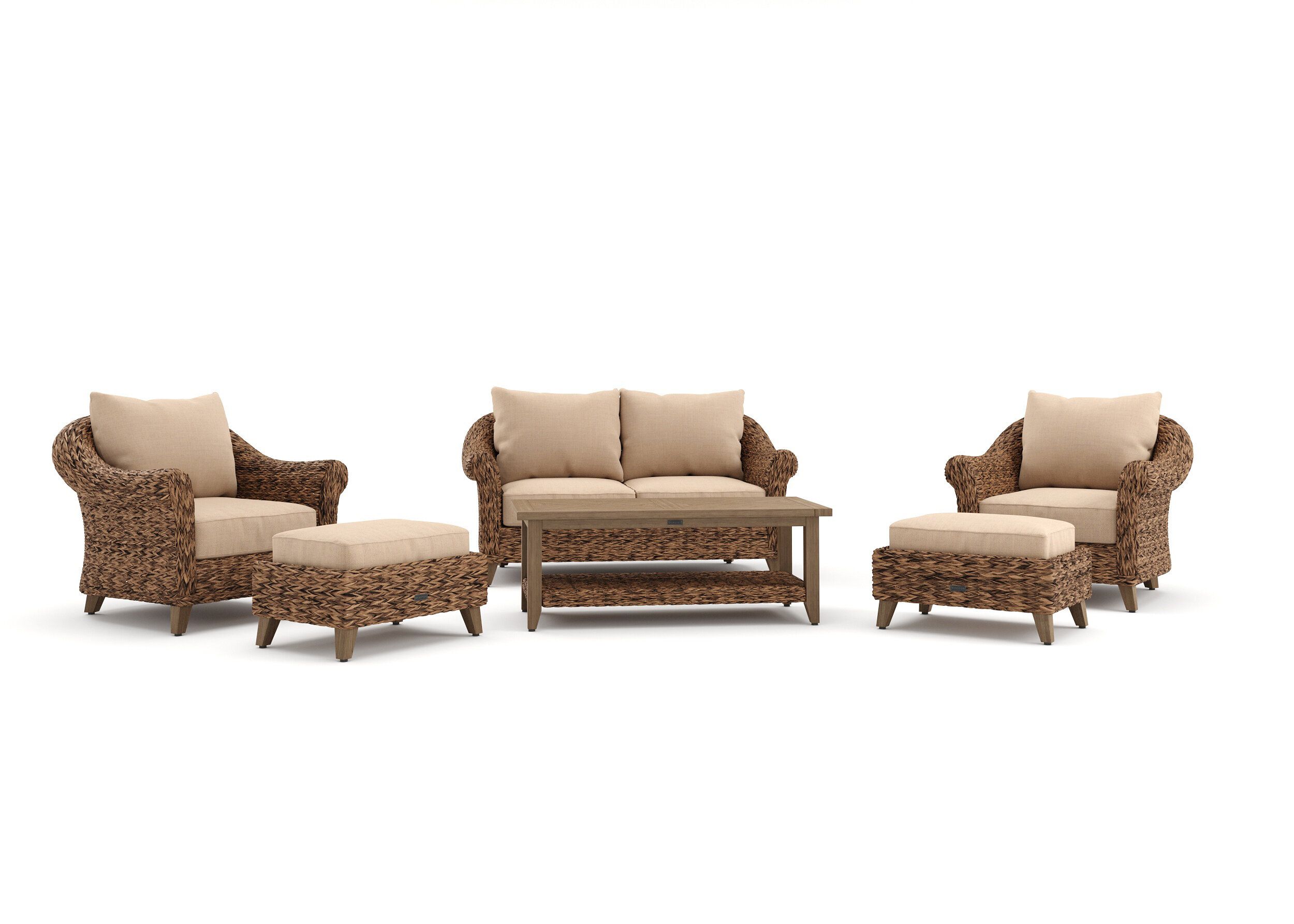 Winston Cayman Loveseat, Stationary Lounge Chair, Ottoman, And Coffee Table  6 Piece Rattan Seating Group With Sunbrella Cushions | Perigold For Cushioned Chair Loveseat Tables (Photo 14 of 15)