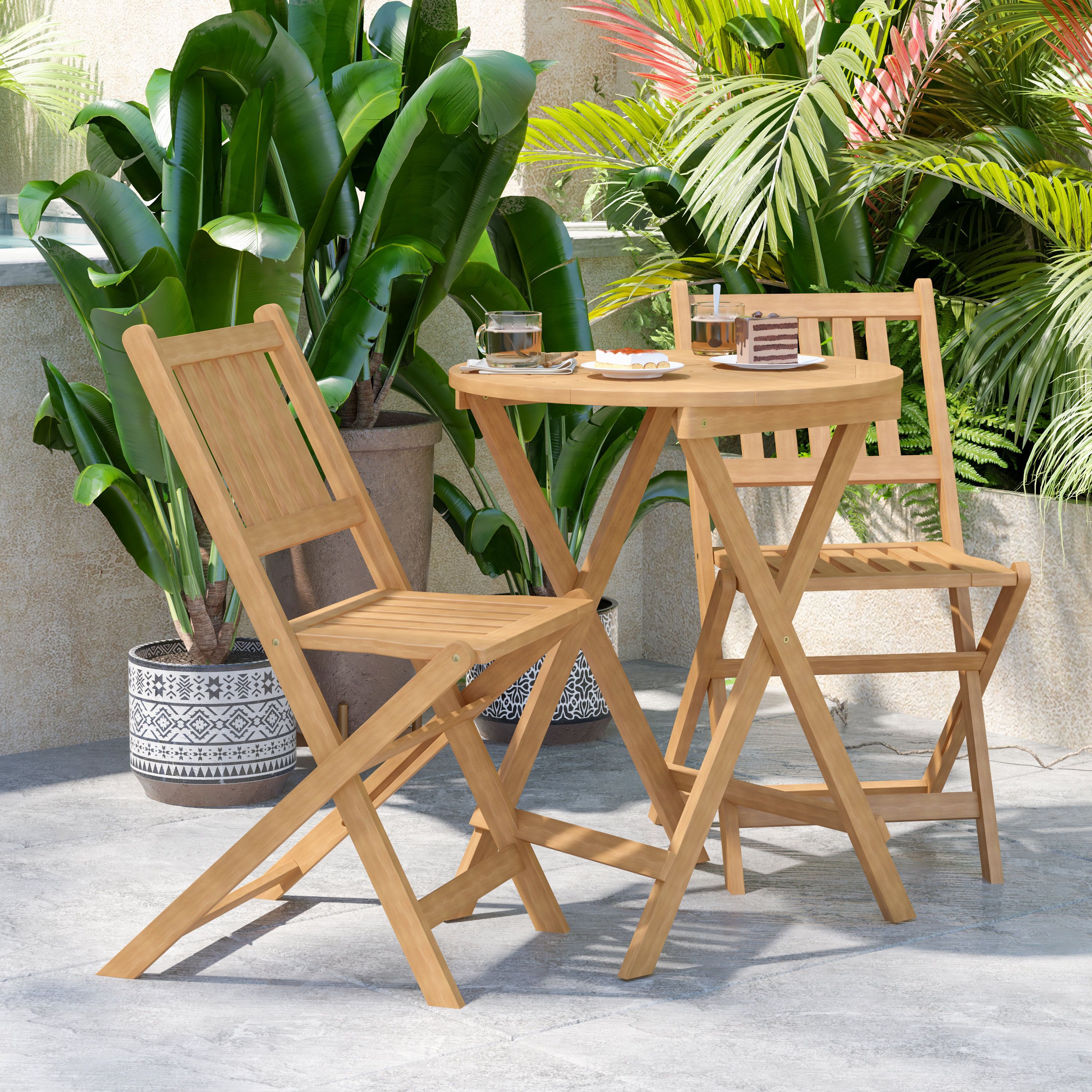 Winston Porter Edil Indoor/outdoor Acacia Wood Folding Table And 2 Chair  Bistro Set & Reviews | Wayfair Inside Acacia Wood With Table Garden Wooden Furniture (View 4 of 15)