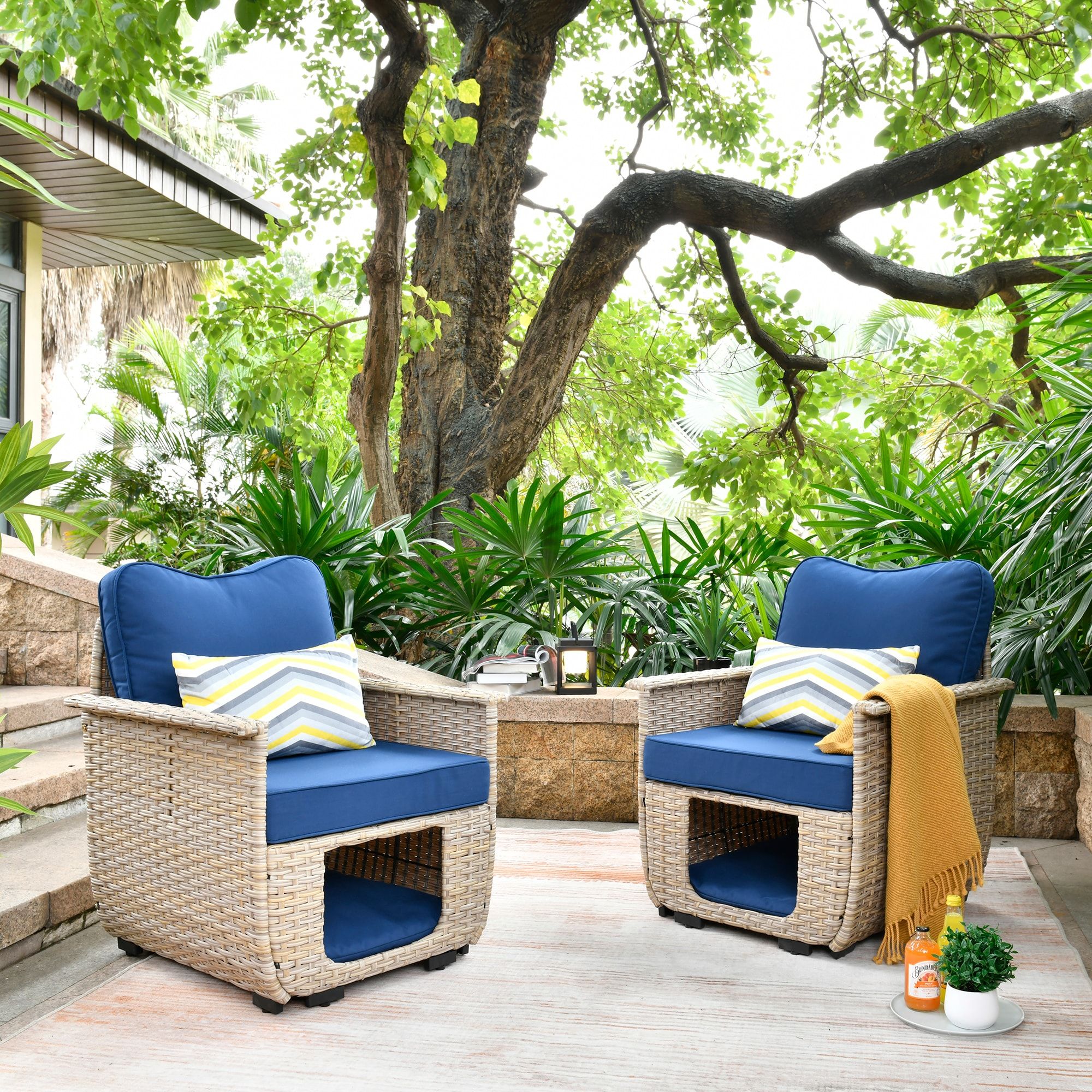 Xizzi Artemis Set Of 2 Wicker Frame Stationary Conversation Chair(s) With  Blue Cushioned Seat In The Patio Chairs Department At Lowes Throughout Outdoor Stationary Chat Set (View 8 of 15)