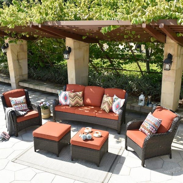 Xizzi Erie Lake Brown 5 Piece Wicker Outdoor Patio Conversation Seating  Sofa Set With Orange Red Cushions Ntc805hdre – The Home Depot For 5 Piece Patio Conversation Set (Photo 1 of 15)