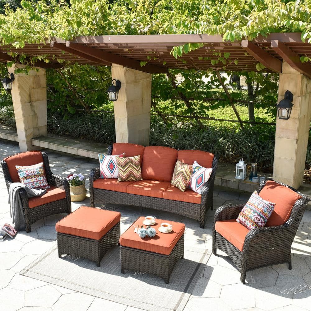 Xizzi Erie Lake Brown 5 Piece Wicker Outdoor Patio Conversation Seating Sofa  Set With Orange Red Cushions Ntc805hdre – The Home Depot Intended For 5 Piece Patio Furniture Set (View 2 of 15)