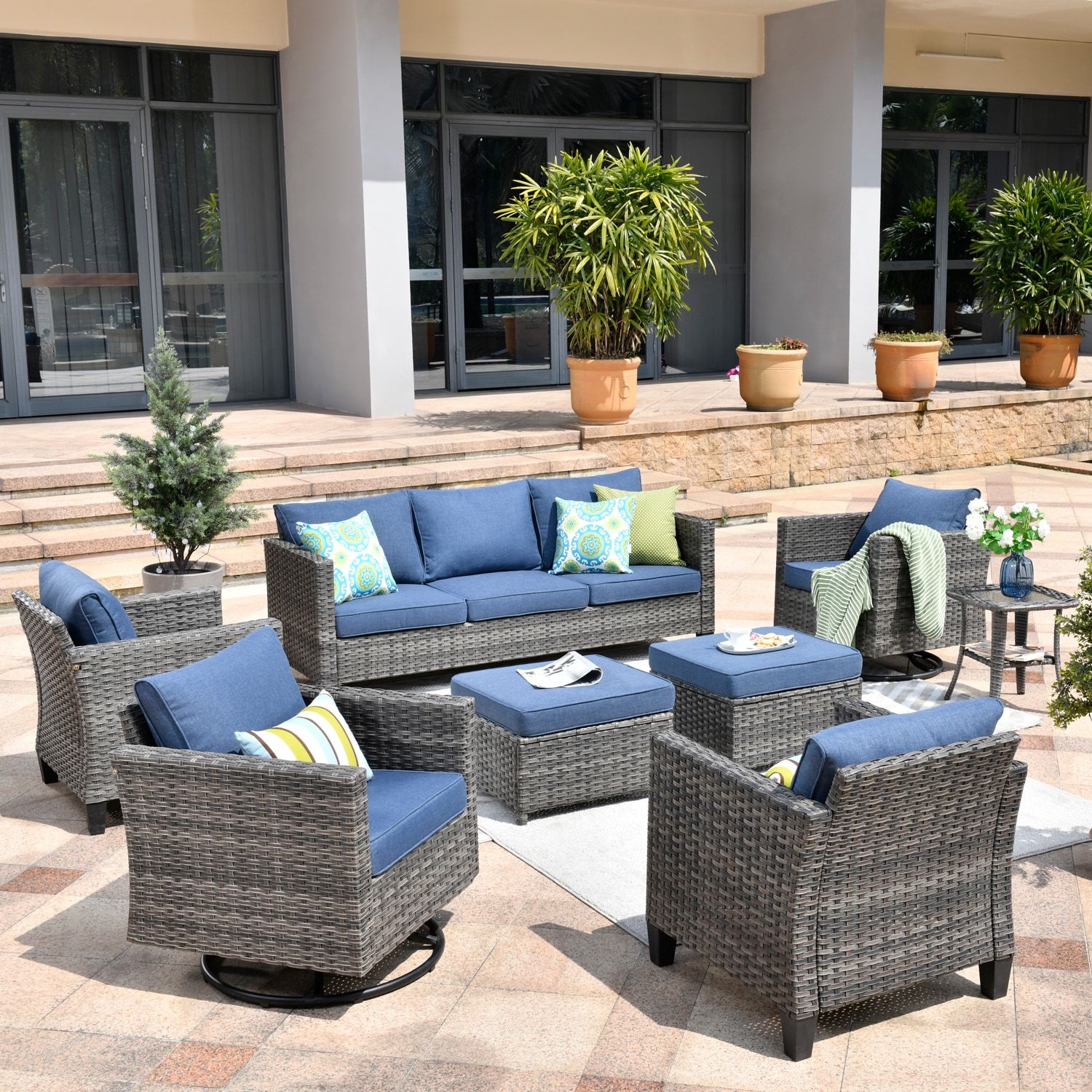 Xizzi Lullaby 8 Piece Rattan Patio Conversation Set With Blue Cushions In  The Patio Conversation Sets Department At Lowes Intended For 8 Pcs Outdoor Patio Furniture Set (View 8 of 15)
