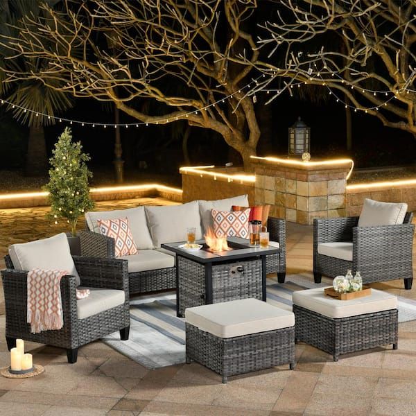 Xizzi Megon Holly 6 Piece Wicker Outdoor Patio Fire Pit Seating Sofa Set  With Beige Cushions Fpgrs606be – The Home Depot Pertaining To Balcony Furniture Set With Beige Cushions (View 15 of 15)