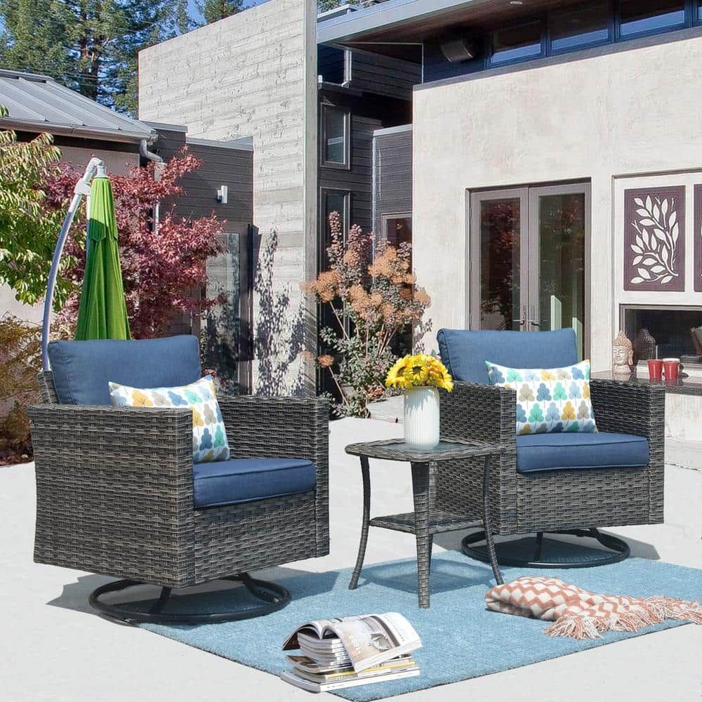 Xizzi Megon Holly Gray 3 Piece Wicker Patio Conversation Seating Sofa Set  With Denim Blue Cushions And Swivel Rocking Chairs Grs303dbrk – The Home  Depot Pertaining To 3 Pieces Outdoor Patio Swivel Rocker Set (View 15 of 15)