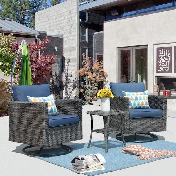 Xizzi Megon Holly Gray 3 Piece Wicker Patio Conversation Seating Sofa Set  With Denim Blue Cushions And Swivel Rocking Chairs Grs303dbrk – The Home  Depot With 3 Piece Cushion Rocking Chair Set (Photo 12 of 15)