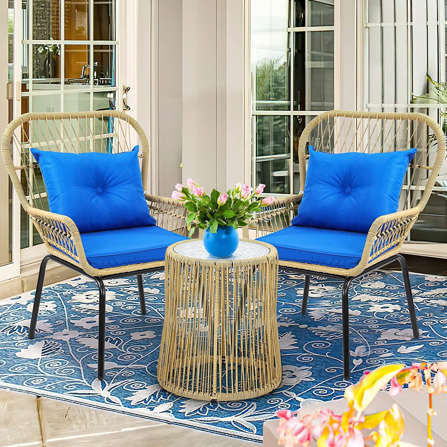 Yitahome 3 Piece Outdoor Patio Furniture Wicker Bistro Set, All Weather  Rattan Conversation Chairs For Backyard, Balcony And Deck With Soft Cushions,  Glass Side Table (light Brown+navy Blue) – Walmart Pertaining To Balcony And Deck With Soft Cushions (Photo 1 of 15)