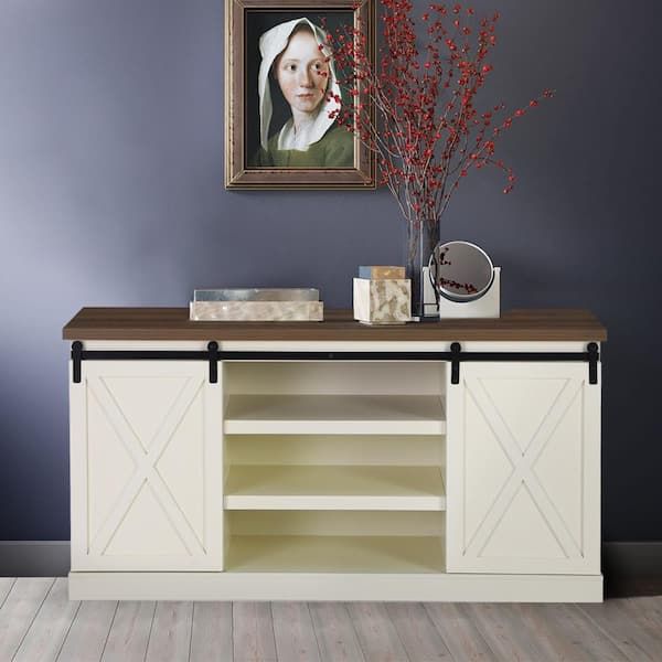 15.75 In. Ivory White Mdf Modern Buffet Sideboard With Sliding Double Barn  Door And Oak Color Table Top Thd If 532 – The Home Depot Within Newest Sideboards Double Barn Door Buffet (Photo 14 of 15)