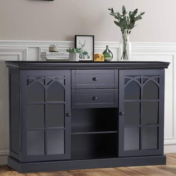 47 In. Classic Black Mdf With Premium Painted Modern Buffet Sideboard With  2 Drawers And Tempered Glass Door Thd If 522 – The Home Depot Throughout Current Sideboards With Power Outlet (Photo 8 of 15)