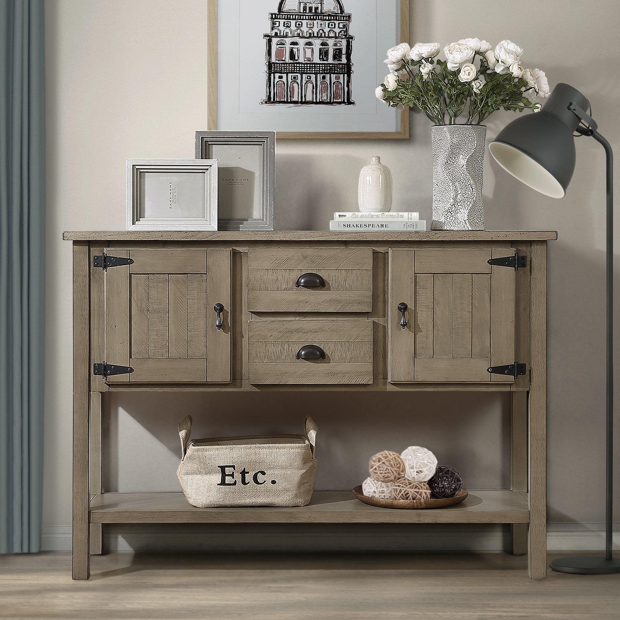 48'' Solid Wood Sideboard Console Table With 2 Drawers And Cabinets And  Bottom Shelf – Bed Bath & Beyond – 38422730 Regarding 2017 Sideboards Cupboard Console Table (Photo 9 of 15)