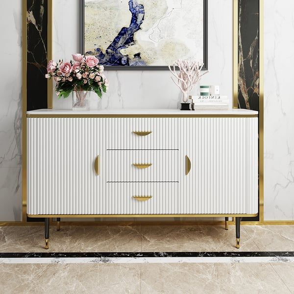 59" Modern White Sideboard With 3 Drawers & 2 Doors And Faux Marble Top In  Large Homary For 2017 Sideboards With 3 Drawers (Photo 7 of 15)