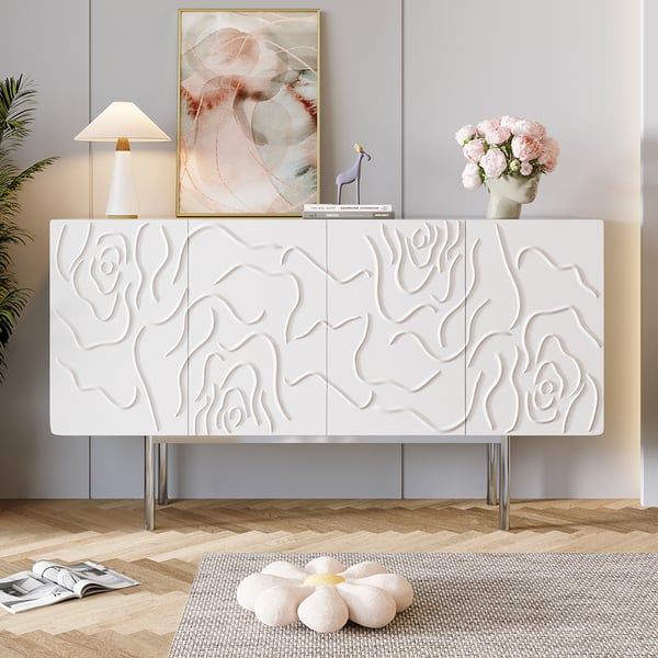 59" White Sideboard Buffet With Doors Modern Carved Credenza Adjustable  Shelves Homary Throughout Recent White Sideboards For Living Room (View 4 of 15)