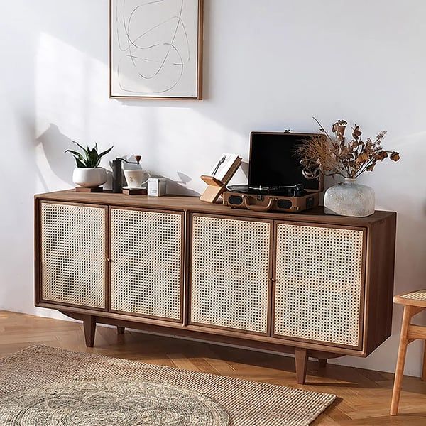 63" Nordic Walnut Sideboard Buffet Rattan Kitchen Cabinet 4 Doors 4 Shelves  In Small Homary Inside Latest Assembled Rattan Buffet Sideboards (Photo 12 of 15)