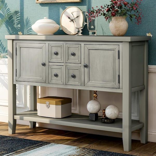 Anbazar 47 In. Grey Antique Console Table With Bottom Shelf Sideboard Buffet  With 2 Cabinets And 2 Drawers For Entryway Kz 020 E – The Home Depot With Most Up To Date Entry Console Sideboards (Photo 4 of 15)