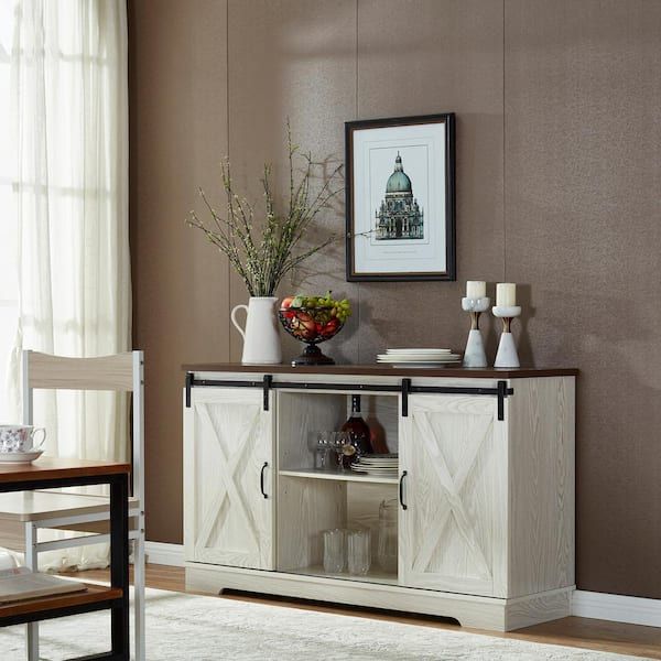Anbazar White Buffet Sideboard With 2 Sliding Barn Doors, Kitchen Accent  Storage Cabinet With Storage Shelves For Dining Room D 001259 W – The Home  Depot Pertaining To Latest Sideboards Double Barn Door Buffet (View 8 of 15)