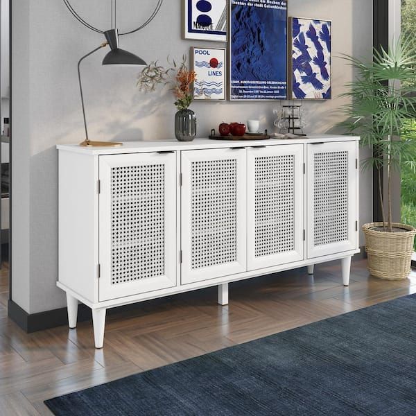 Angel Sar 58 In W. White Large Storage Space Sideboard With Four Artificial  Rattan Doors For Living Room And Entryway Aa000356 – The Home Depot Regarding Current White Sideboards For Living Room (Photo 3 of 15)