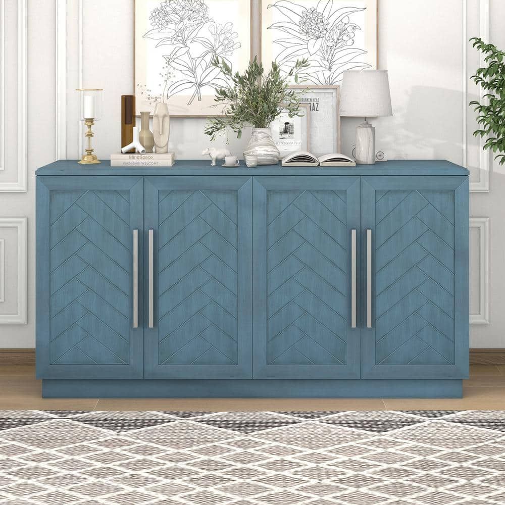 Antique Blue Wood 60 In. 4 Doors Sideboard Buffet Cabinet With Adjustable  Shelves And Large Storage Space Fy Xw000013aam – The Home Depot With Most Recent Antique Storage Sideboards With Doors (Photo 8 of 15)