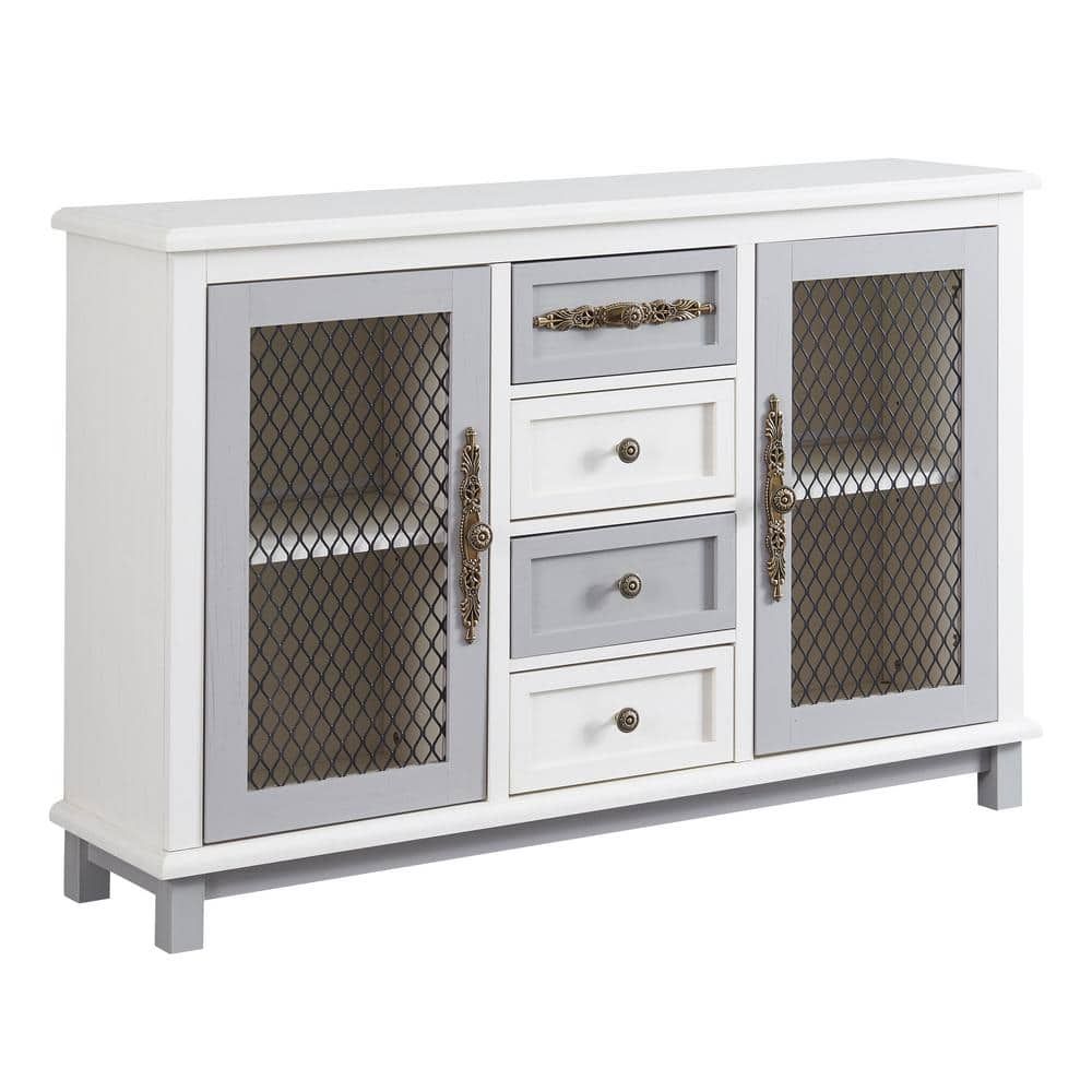 Antique White And Gray Retro Style Cabinet With 4 Drawers Of The Same Size  And 2 Iron Mesh Doors Ec Ctbn 9154 – The Home Depot Within Best And Newest Sideboards With Breathable Mesh Doors (Photo 13 of 15)