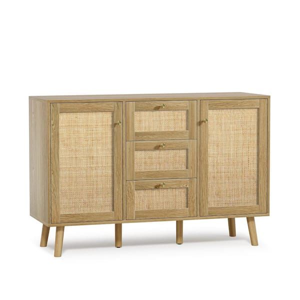 Aupodin Rattan Buffet Sideboard With 3 Drawers, Entryway Serving Accent  Storage Cabinet Natural Oak H0028 – The Home Depot Inside Most Current Assembled Rattan Buffet Sideboards (View 5 of 15)