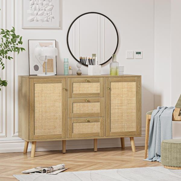 Aupodin Rattan Buffet Sideboard With 3 Drawers, Entryway Serving Accent  Storage Cabinet Natural Oak H0028 – The Home Depot With Regard To Most Recently Released Assembled Rattan Buffet Sideboards (View 4 of 15)