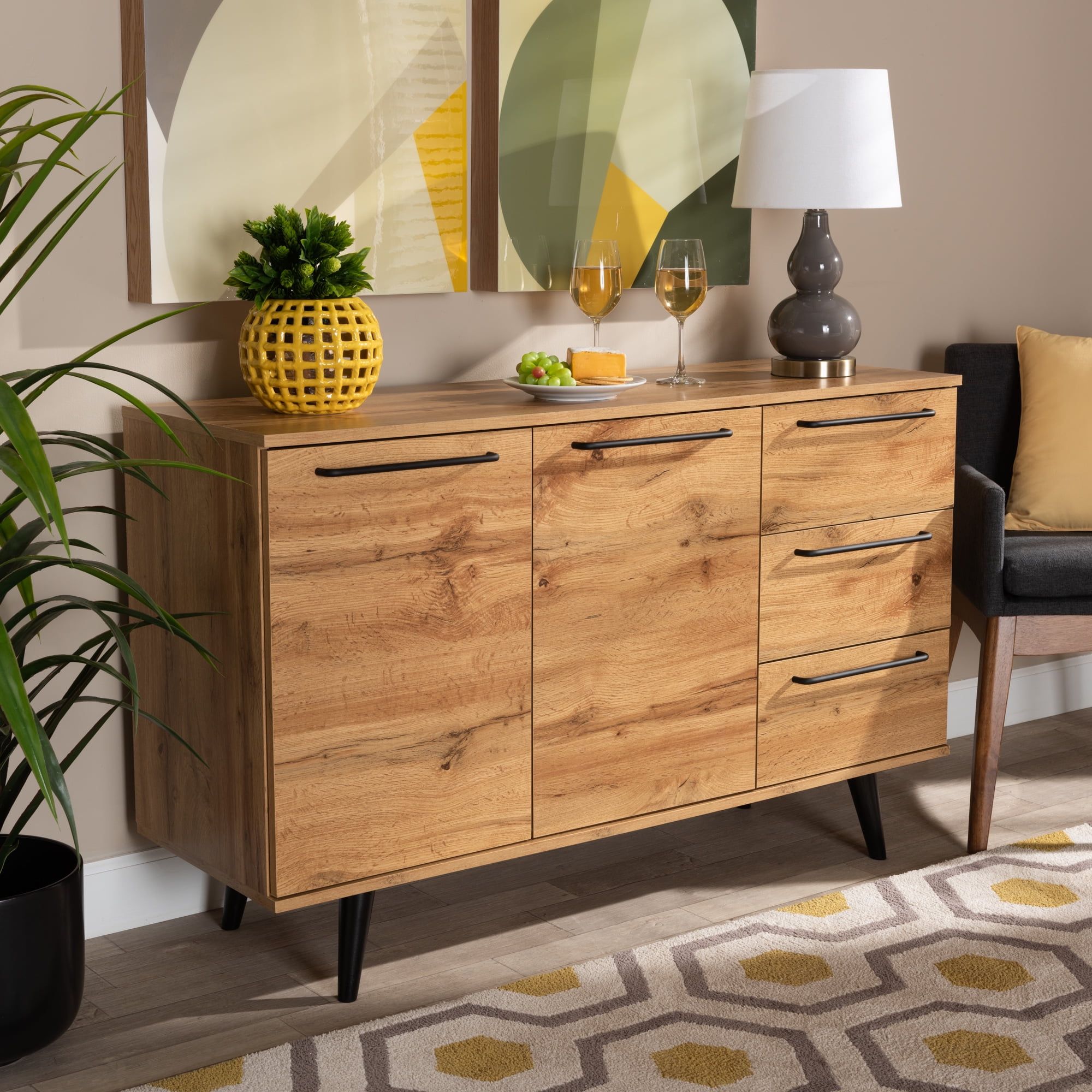 Baxton Studio Radley Modern And Contemporary Transitional Oak Brown  Finished Wood 3 Drawer Sideboard Buffet – Walmart Intended For 2017 Transitional Oak Sideboards (View 14 of 15)