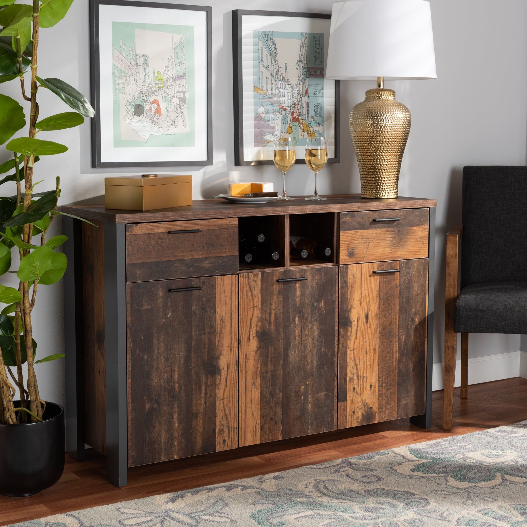 Baxton Studio Ranger Mid Century Modern Rustic Brown Finished Wood And Grey  Metal 2 Door Sideboard Buffet – Walmart With Most Current Brown Finished Wood Sideboards (Photo 1 of 15)